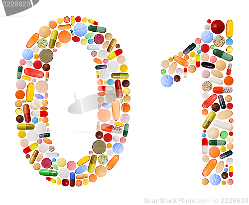 Image of Numbers 0 and 1 made of various colorful pills