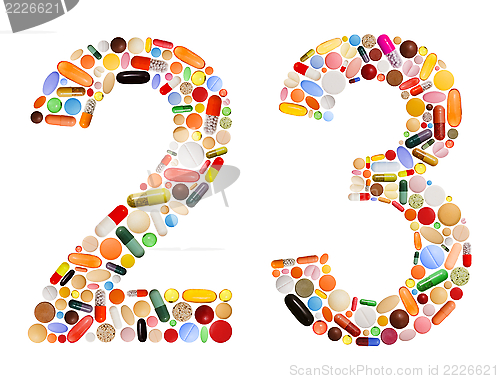 Image of Numbers 2 and 3 made of various colorful pills