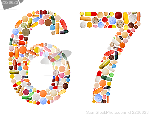 Image of Numbers 6 and 7 made of various colorful pills