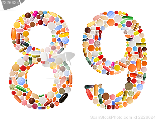 Image of Numbers 8 and 9 made of various colorful pills