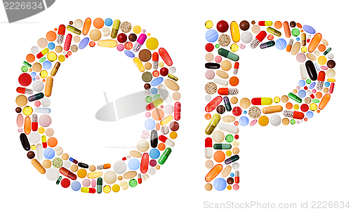 Image of Characters O and P made of colorful pills