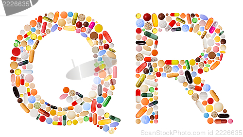 Image of Characters Q and R made of colorful pills