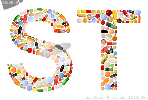 Image of Characters S and T made of colorful pills