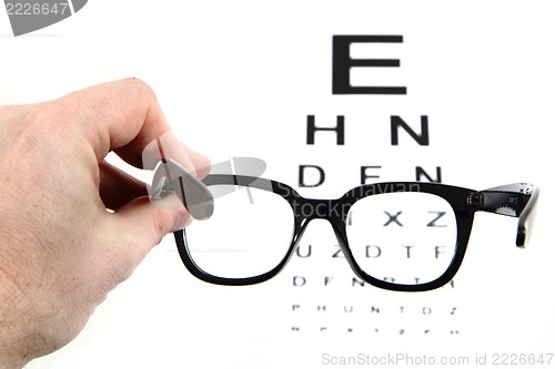 Image of eye test chart and black glasses