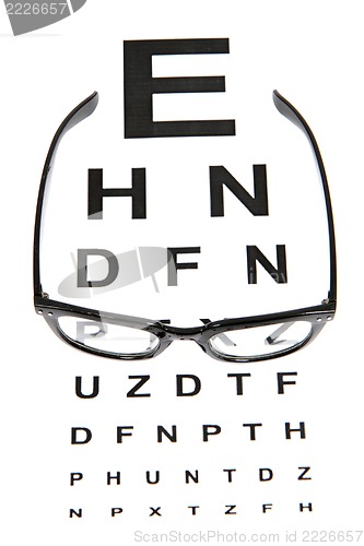 Image of eye test chart and black glasses