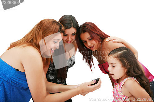 Image of A picture of a group of friends using a cellphone over white bac
