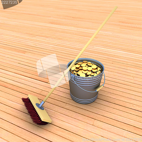 Image of bucket with coins and a mop