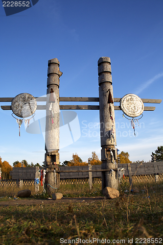 Image of Traditional Buryat pagan sacred poles. The Baikal lake