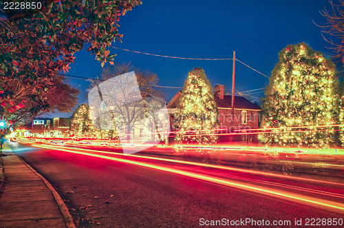 Image of christmas town streets decorated for holidays