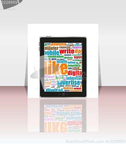 Image of Tablet PC with social word on it. flyer or presentation