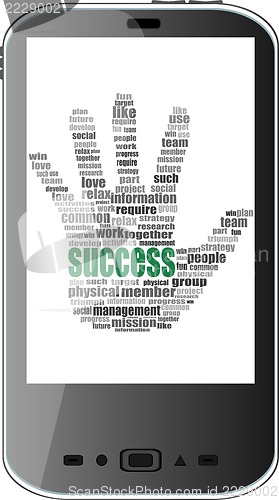 Image of Networking concept: hand holding smartphone with word Cloud on display