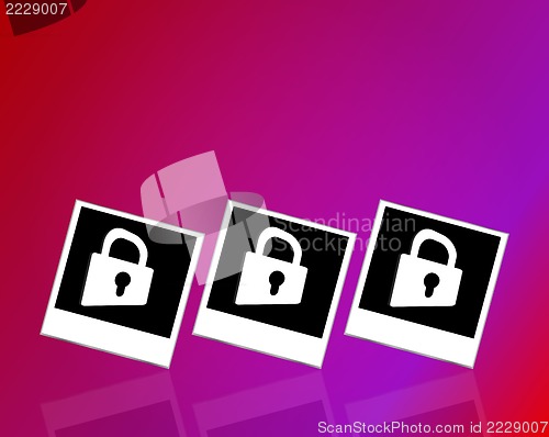 Image of Set of empty photos and padlock on abstract white background