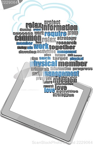 Image of tablet pc in social media words, communication in the global computer networks