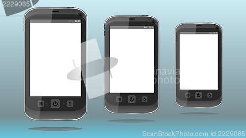 Image of Group of black smartphones isolated on white background. 3d illustration