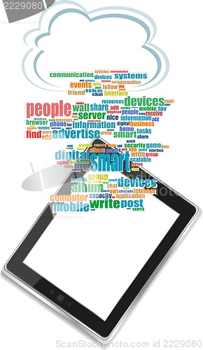 Image of tablet pc in social media words, communication in the global computer networks