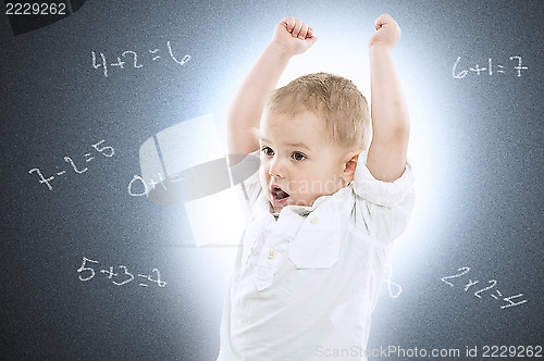 Image of Little boy against a school blackboard