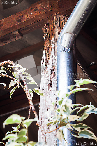 Image of Rain gutter draining pipe water away from home