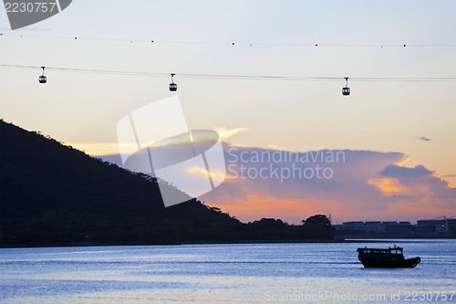 Image of Sunset with cable cars background along coast in Hong Kong