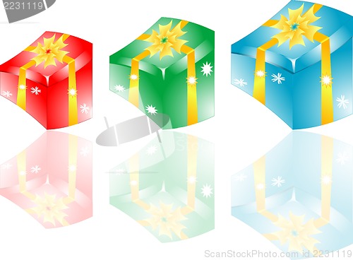 Image of Gift box set with yellow ribbon on white background