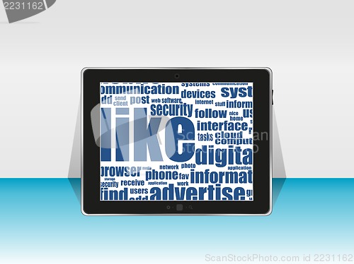 Image of Tablet PC with social word on it. flyer or presentation