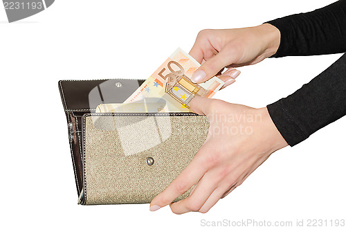 Image of Isolated purse with bundle of euro money