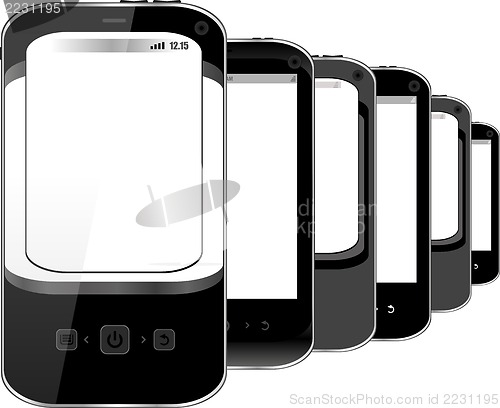 Image of Photo-realistic illustration of different smart phones with copyspace on the screen - isolated