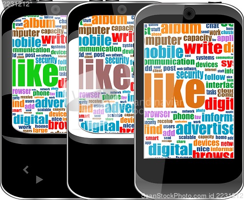 Image of mobile smartphone with globe textured like words. business concept