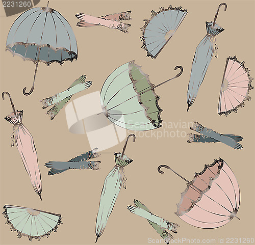 Image of Illustration of vintage umbrella, fan, glove. Seamless backgroun