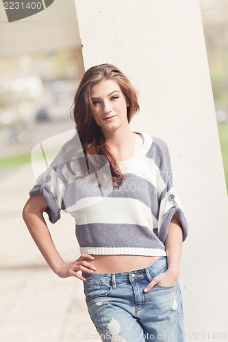 Image of attractive woman barefoot in summertime outdoor