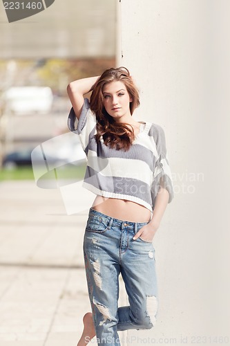 Image of attractive woman barefoot in summertime outdoor