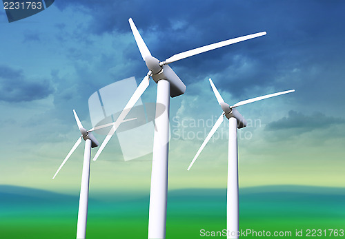 Image of three white wind turbines