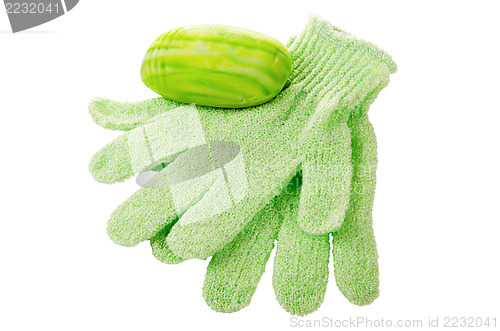Image of Gloves for massage and soap, is isolated on white