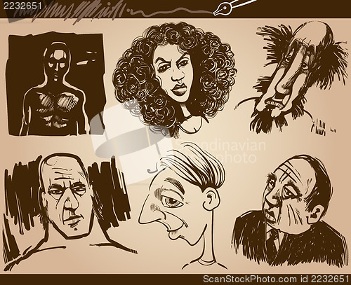 Image of people faces caricature sketch drawings set