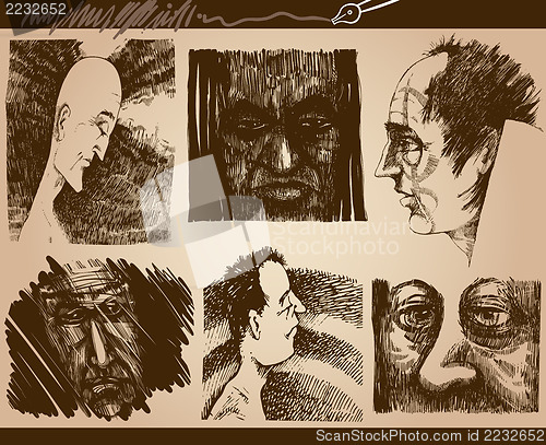 Image of people faces sketch drawings set