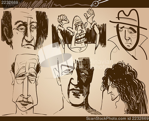 Image of people faces cartoon sketch drawings set