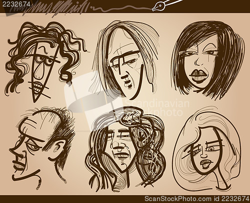 Image of people faces caricature drawings set