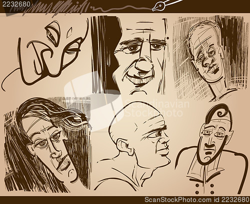 Image of people faces caricature sketch drawings set