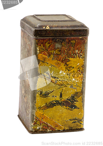 Image of vintage grunge tin box tea coffee isolated white 