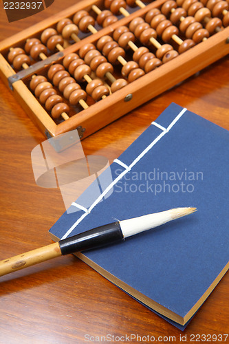 Image of chinese book , abacus and writing brush