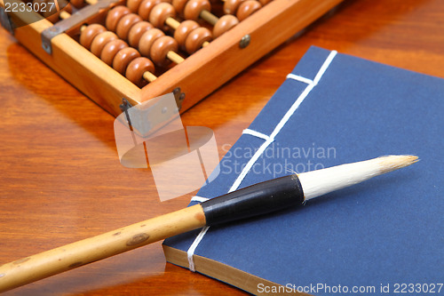 Image of chinese book , abacus and writing brush