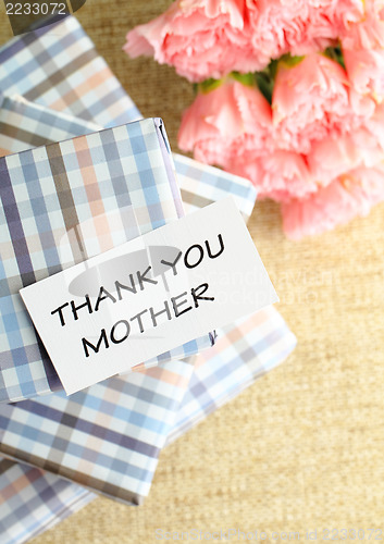 Image of Gift and pink carnations flower for Mother's Day