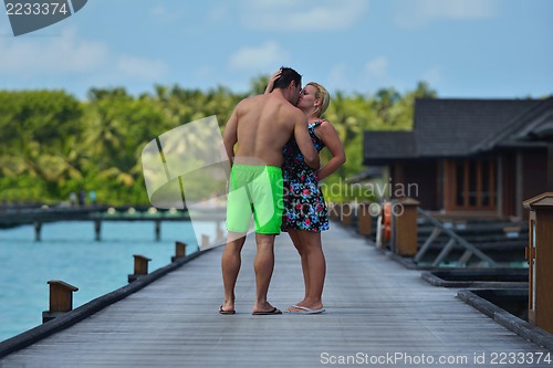 Image of happy young  couple at summer vacation have fun and relax at bea