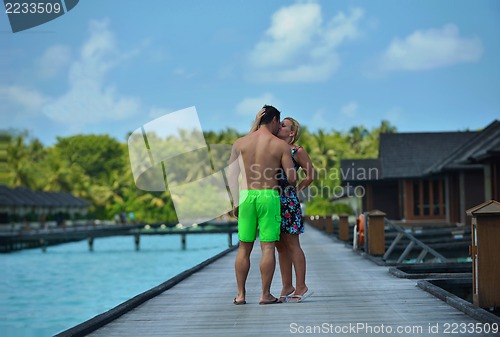 Image of happy young  couple at summer vacation have fun and relax at bea