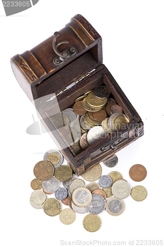 Image of Wooden casket full of coins thai