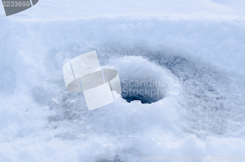 Image of ice hole drilled in ice ready for fishing on ice 