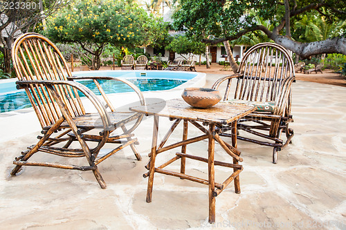 Image of Chairs on swimming pool border