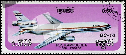Image of CAMBODIA - CIRCA 1986: stamp printed by Cambodia, shows airplane