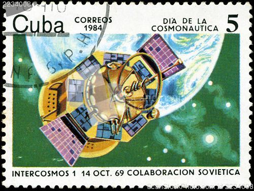 Image of CUBA CIRCA 1984: stamp printed by CUBA, shows Cosmonautics Day -