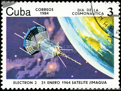 Image of CUBA CIRCA 1984: stamp printed by CUBA, shows Cosmonautics Day -