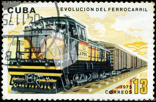 Image of CUBA - CIRCA 1975 : A post stamp printed in Cuba shows moving tr